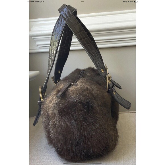 Pritzi Faux Fur Shoulder/Satchel Double Handle Handbag Brown 14” W x 5”D x 7” H - Picture 2 of 10